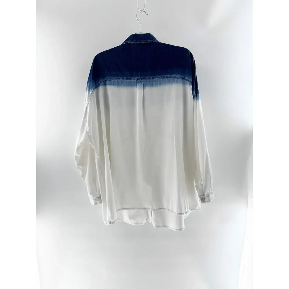 Marina Rinaldi Ombre Tie Dye Long Sleeve Snap Button Shirt Blue White Womens 16